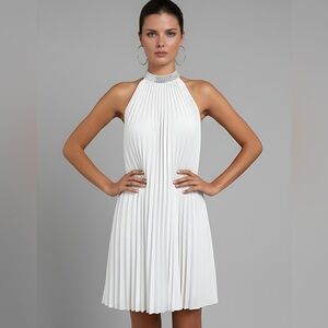 White Sequin Pleated Detail Halter Neck Dress